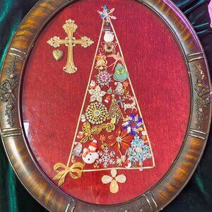 Christmas Tree Brooch Art in Tigerwood Frame